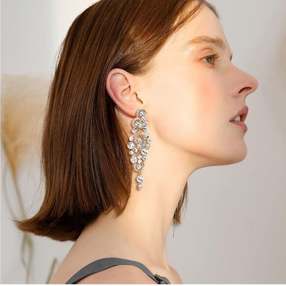 Yellow Gold with White Diamond Austrian Crystal Chandelier Post Back Earrings - Picture 4 of 5